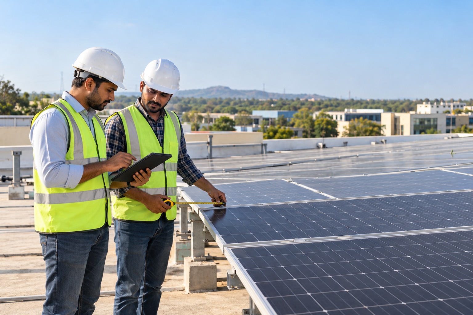 Solar engineers completing a rooftop site survey